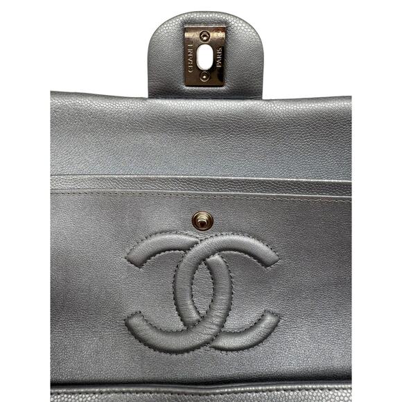 Chanel Leather Quilted Classic Double Flap CC Logo Medium Crossbody Bag Silver - Picture 13 of 16